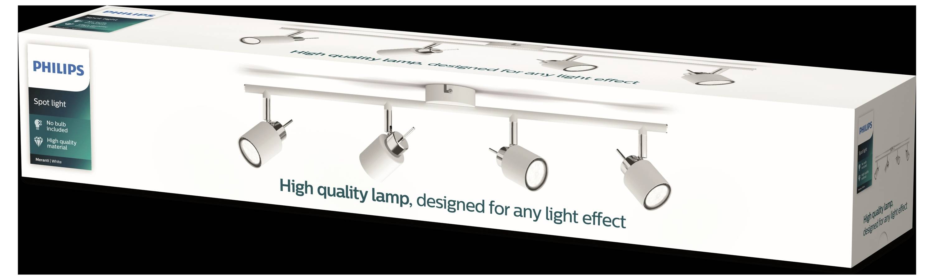 Obal Philips bodovej lampy so štyrmi nastaviteľnými hlavami. Text: 'Vysoko kvalitná lampa, navrhnutá pre akýkoľvek svetelný efekt'.