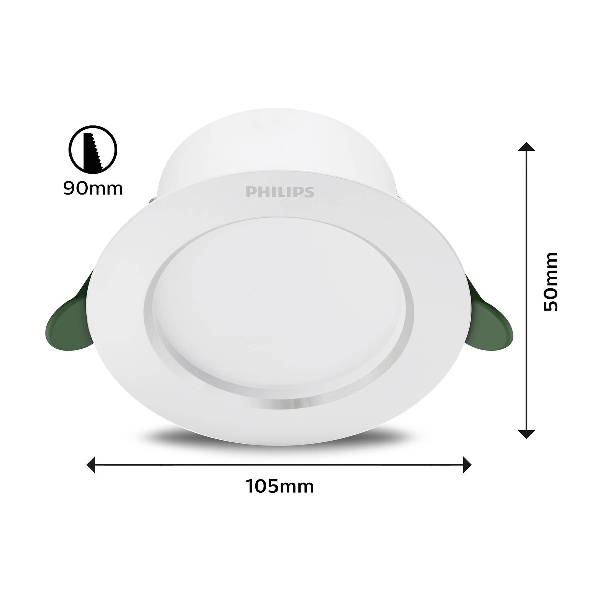 LED zapustený reflektor od Philips, biely, okrúhly, rozmery: priemer 105 mm, výška 50 mm, montážny otvor 90 mm.
