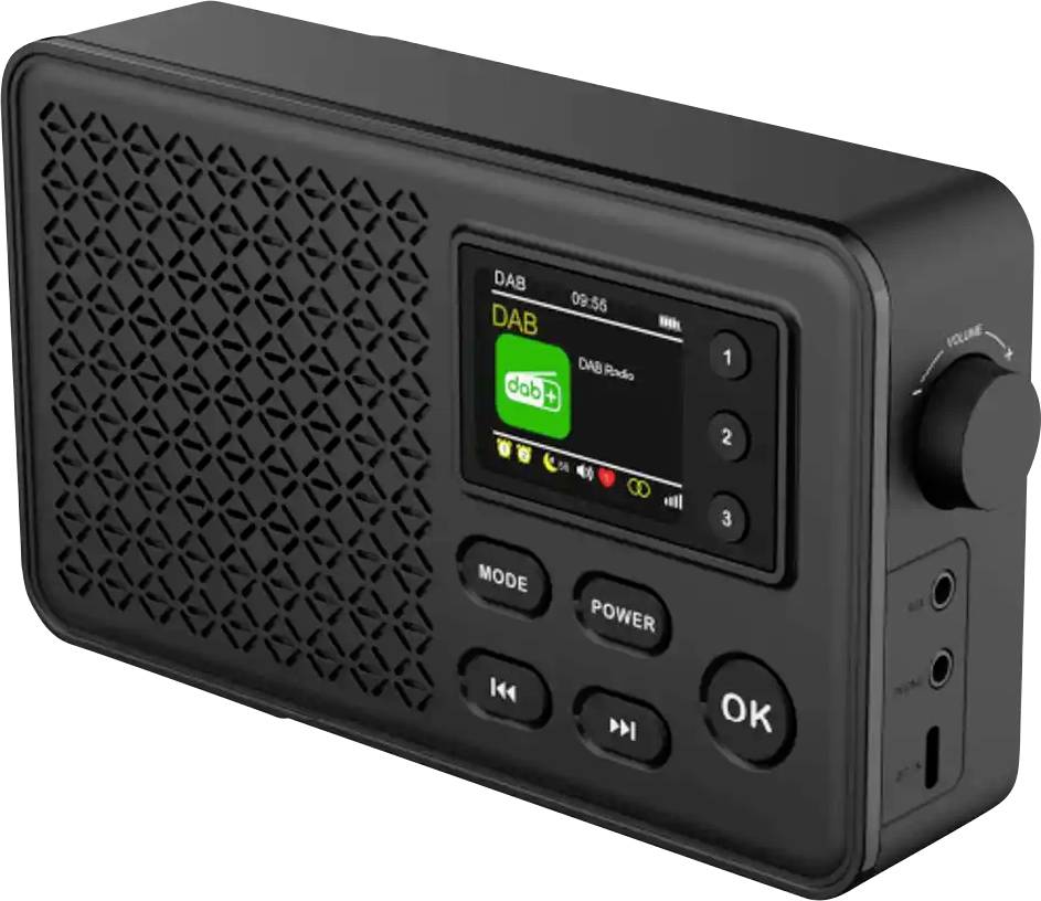 Čierne prenosné digitálne rádio s DAB displejom, tlačidlami pre režim, napájanie a OK, ovládačom hlasitosti a vstupom pre slúchadlá.