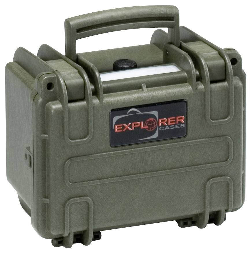 Zelená, robustná taška s pevným držadlom a veľkým logom 'Explorer Cases' na prednej strane. Vhodná pre použitie v exteriéri.