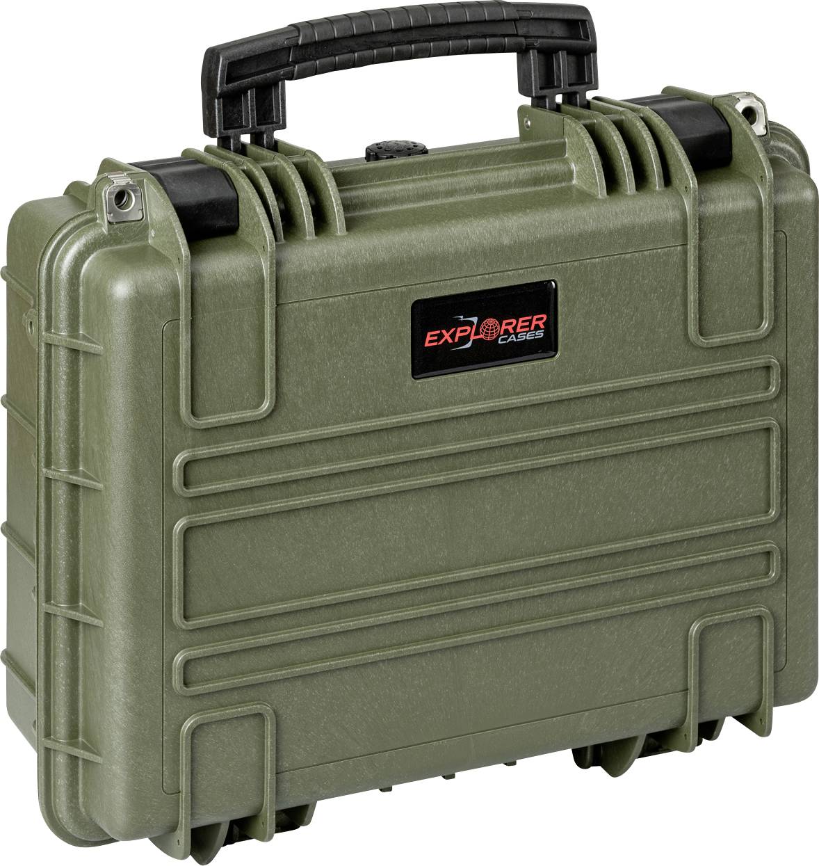 Zelený, robustný kufor s čiernou rukoväťou a červeným logom 'Explorer Cases' na prednej strane, vhodný pre bezpečné uskladnenie.
