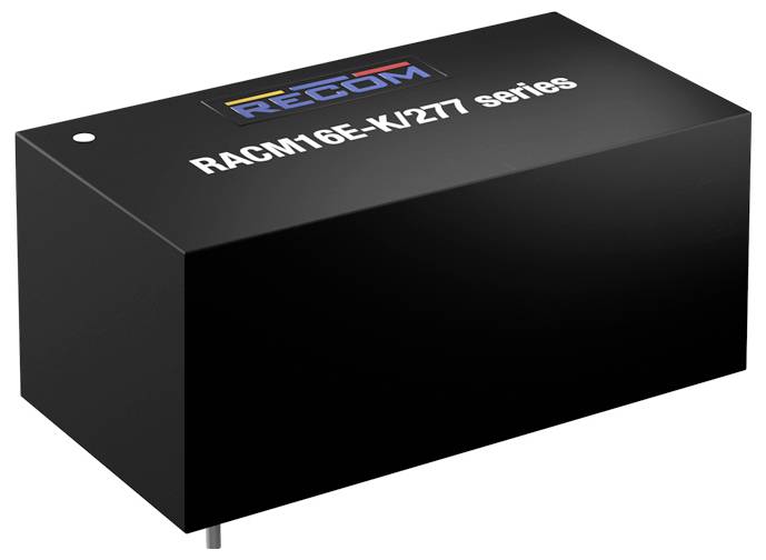 Obdĺžnikový čierny elektronický komponent s nápisom 'RACM16E-K/277 series' od firmy Recom, s dvoma kolíkmi dole.