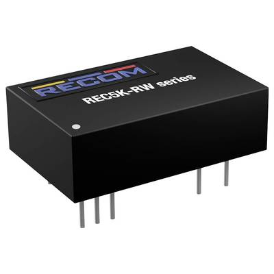 Séria REC5K-RW od RECOMu, súčiastka v čiernom puzdre, obdĺžnikového tvaru, s pripájacími pinmi dole. Elektronická súčiastka.