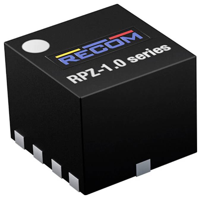 Čierna elektronická súčiastka s nápisom 'RECOM RPZ-1.0 series', zobrazuje robustný kryt; pravdepodobne menič napätia.