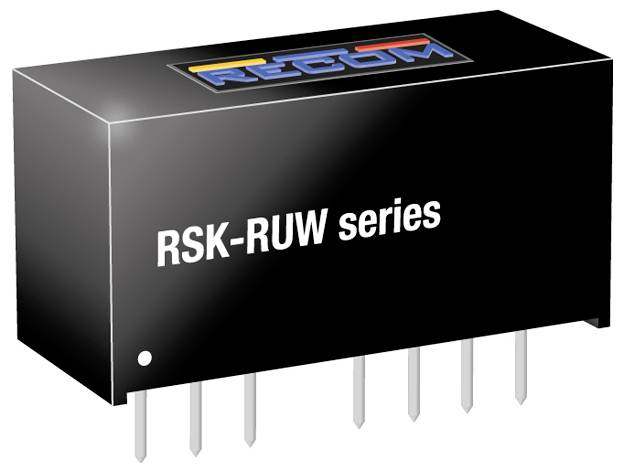 Elektronický súčiastka s nápisom 'RSK-RUW séria', obdĺžnikový tvar, viacero kovových kolíkov na montáž na dosku plošných spojov.
