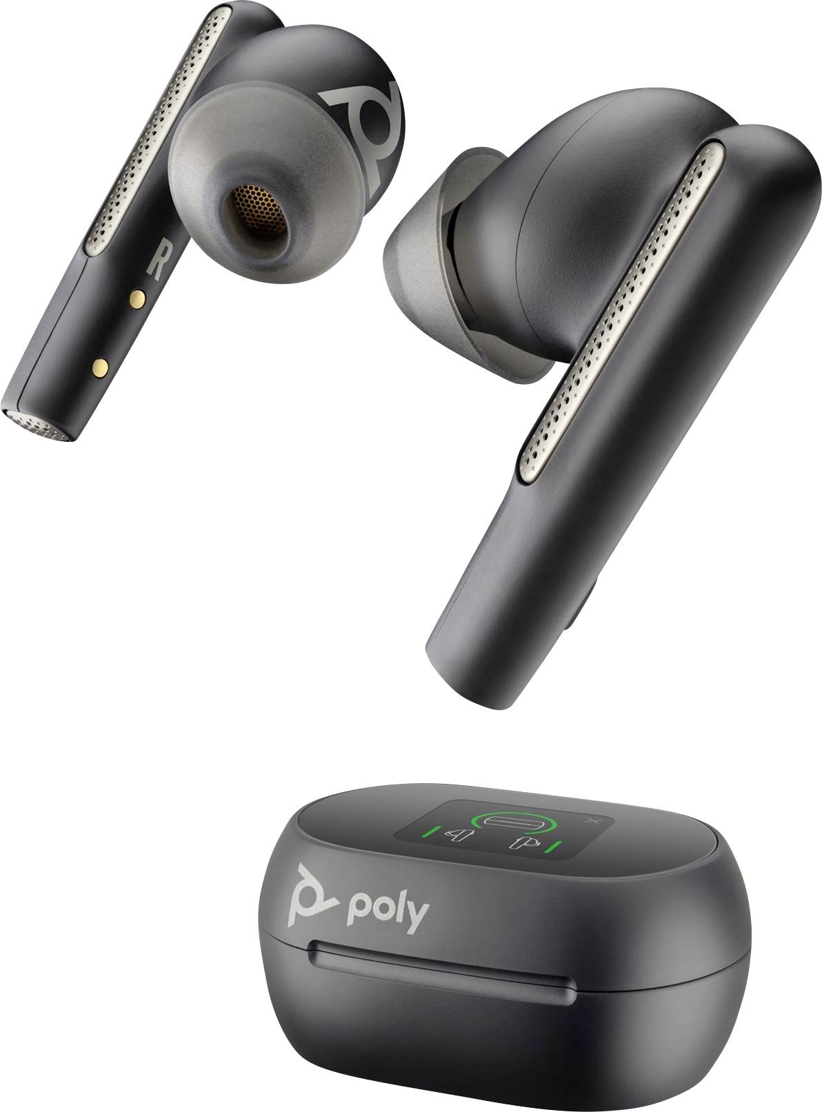 Bezdrôtové čierne slúchadlá s bielym obalom. Logo 'Poly' viditeľné na obale a slúchadlách.