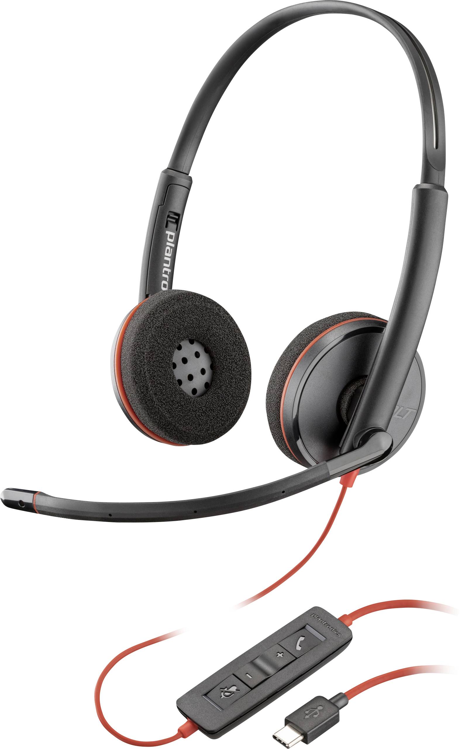 Čierna a červená USB headset so slúchadlami a mikrofónom, s ovládaním na kábli a reguláciou hlasitosti. Ideálny pre telefonické hovory a online stretnutia.