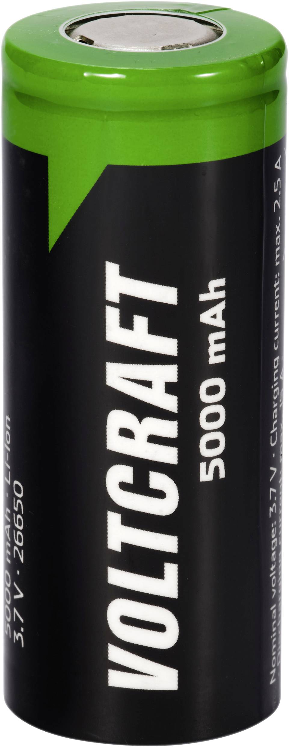 Dobíjateľná batéria Voltcraft s kapacitou 5000 mAh. Čierna so zeleným koncom. Napätie: 3,7 V. Technológia lítium-iónových batérií.