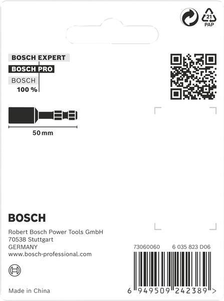 Štítok nástroja Bosch s QR kódom, rozmer produktu 50 mm, informácie o výrobcovi: Robert Bosch Power Tools GmbH, Stuttgart, Nemecko.