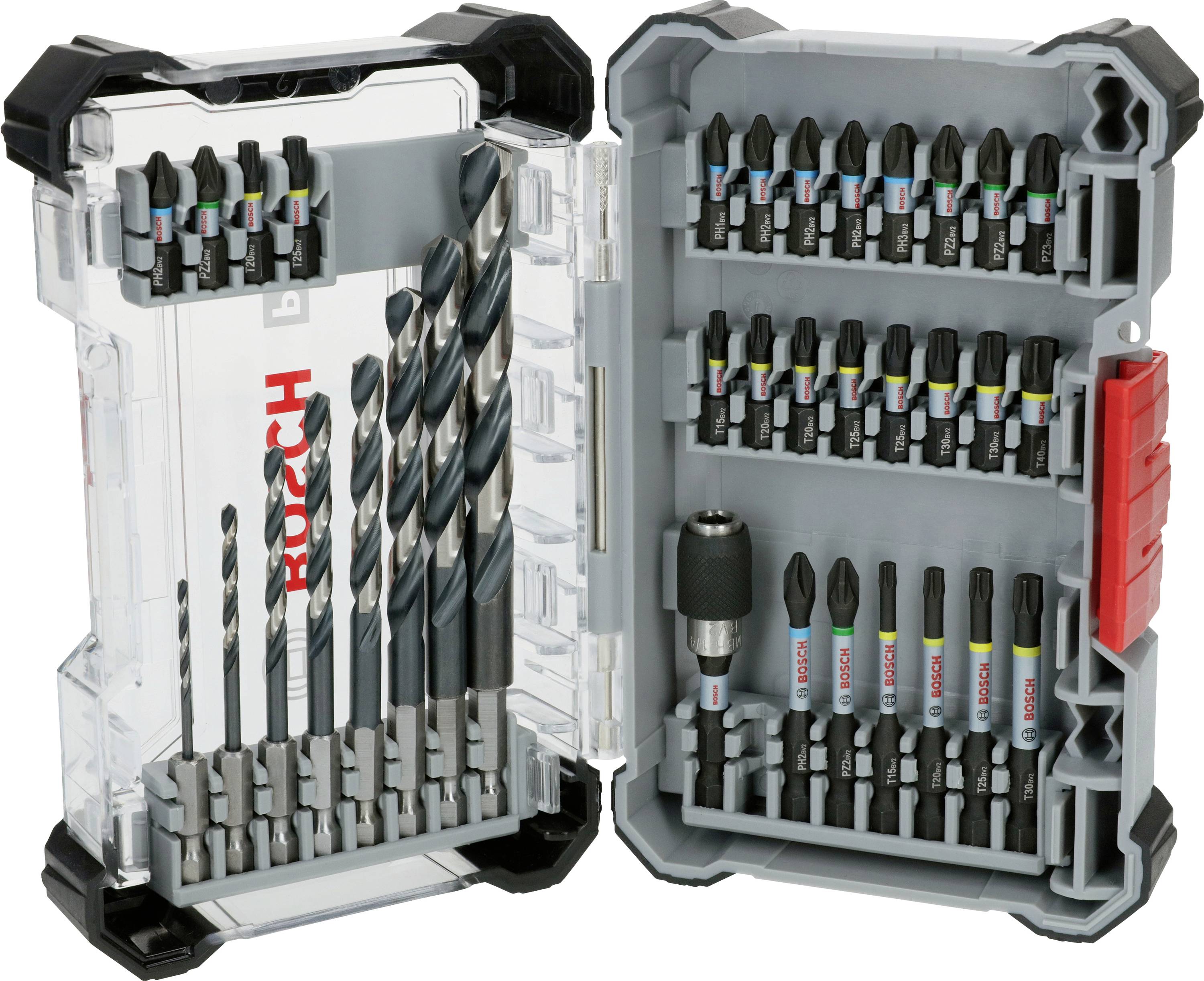 Sada vrtákov a bitov v otvorenej plastovej krabičke, rôzne veľkosti vrtákov a bitov prehľadne usporiadané; viditeľná značka 'Bosch'.