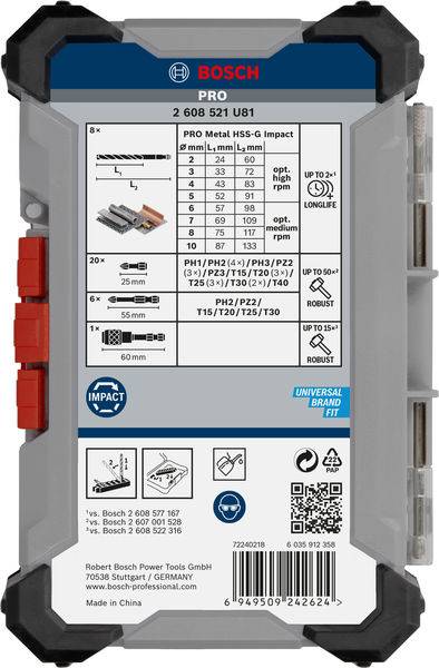 Sada vrtákov Bosch Pro Metall HSS-G Impact s rozmermi a QR kódom na krabici. Obsahuje 8 vrtákov s rôznymi priemermi.