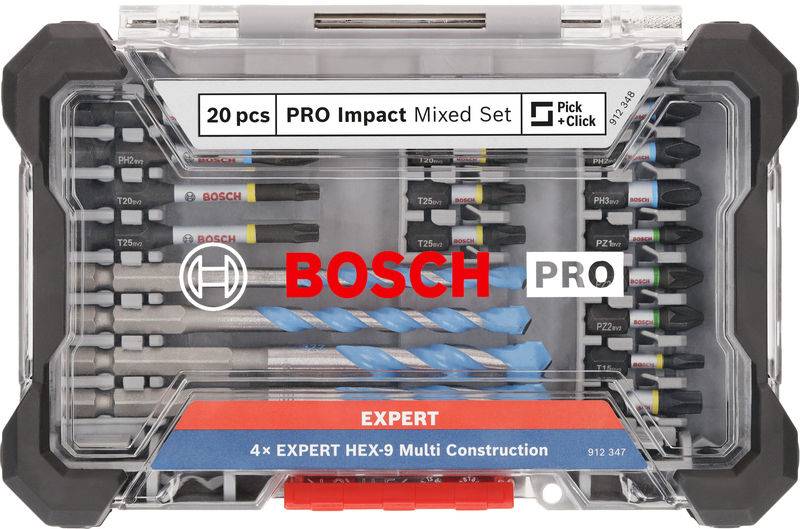 Sada bitov a vrtákov Bosch Pro Impact v priehľadnom kufríku. Obsahuje rôzne bity a vrtáky pre všestranné použitie.