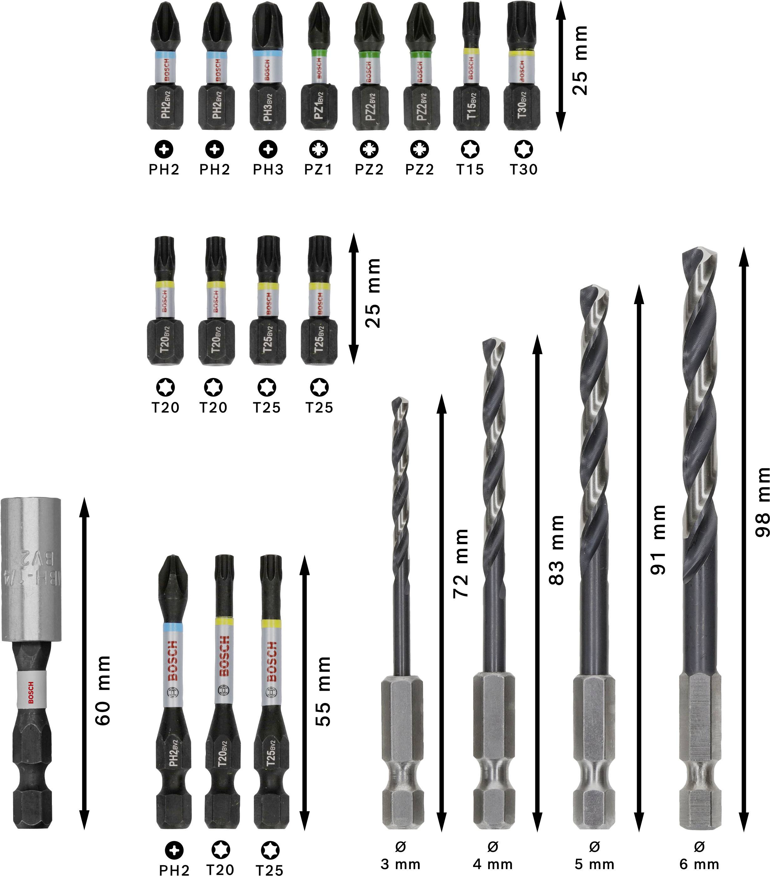 Sada skrutkovateľných hrotov a vrtákov v rôznych veľkostiach, vrátane PH2, T20, T25 bitov a vrtákov s dĺžkou od 25 mm do 98 mm.