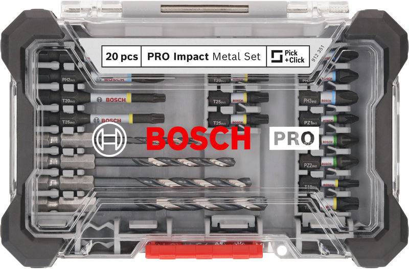 Sada Bosch PRO Impact Metal, 20-dielna, v priehľadnom plastovom puzdre. Obsahuje vrtáky a skrutkové nadstavce na opracovanie kovu.