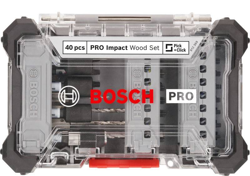 Sada vŕtacích bitov Bosch PRO Impact Wood so 40 kusmi v priehľadnom plastovom obale, vhodná pre obrábanie dreva.
