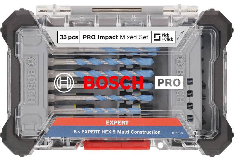 Sada vrtákov Bosch Pro Impact v plastovom obale. Obsahuje 35 kusov rôznych vrtákov. Nápis: '8x Expert HEX-9 Multi Construction'.