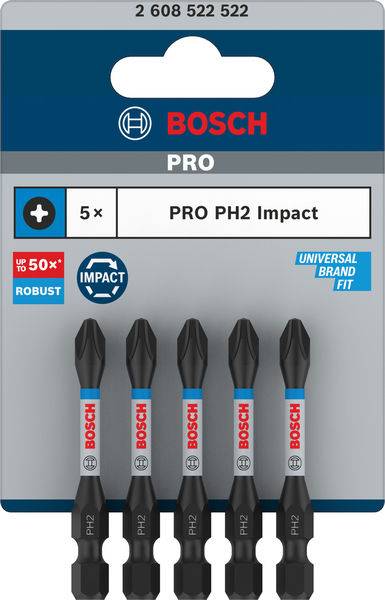 Sada bitov Bosch PRO PH2 Impact, 5-dielna so zlepšenou trvanlivosťou a univerzálnym tvarom, vhodná pre robustné použitie.