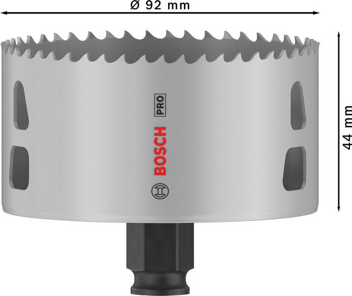 Kovová pílová koruna s priemerom 92 mm a hĺbkou 44 mm, značky Bosch, s ozubeným rezným okrajom a vetracími otvormi na stranách.
