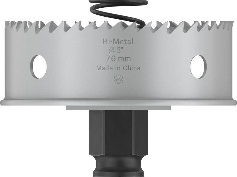 Bimetalová dierovka s priemerom 76 mm. Hore s ozubeným okrajom a nápisom 'BI-Metal Ø 3", 76 mm, Made in China'.