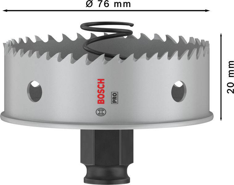 Dierová píla s priemerom 76 mm a výškou 20 mm, značka Bosch, ideálna na vŕtanie veľkých otvorov v rôznych materiáloch.