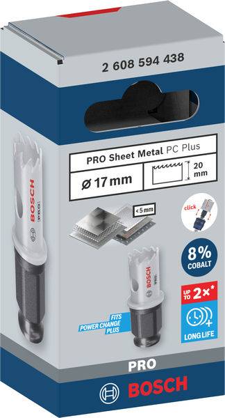 Balenie Bosch dierovej píly na kov. Zobrazuje obrázok píly, veľkosť Ø 17 mm, s infografikami: 8% kobalt, dlhá životnosť.