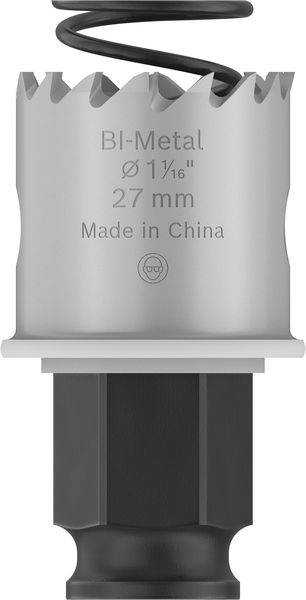 Bimetalová dierová píla s priemerom 27 mm. Nápis: 'BI-Metal Ø 27 mm'. Údaj o pôvode: 'Made in China'.