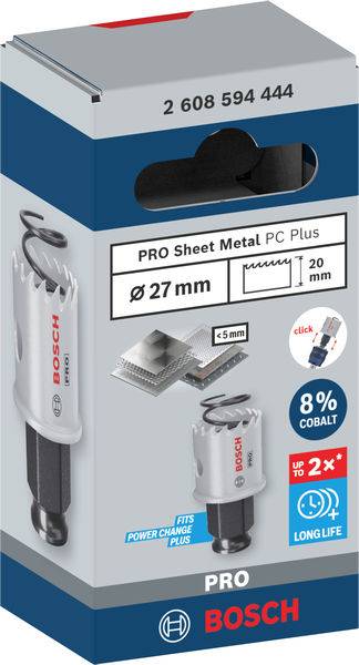 Balenie Bosch PRO vykružovacej korunky na plech, Ø 27 mm, s 8% kobaltu, vhodné pre kov do hrúbky 5 mm, s dlhou životnosťou.