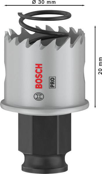 Obrázok nadstavca pílovej korunky na vŕtanie s logom 'Bosch'. Rozmery: priemer 30 mm, výška 20 mm. Zobrazuje zubaté, špirálové ostrie.