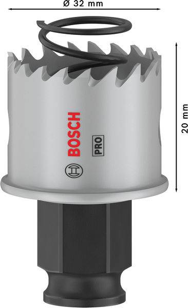 Vŕtacia korunka so zubami a špirálovou pružinou, značka Bosch, priemer 32 mm, výška 20 mm, vhodná na vŕtanie otvorov.