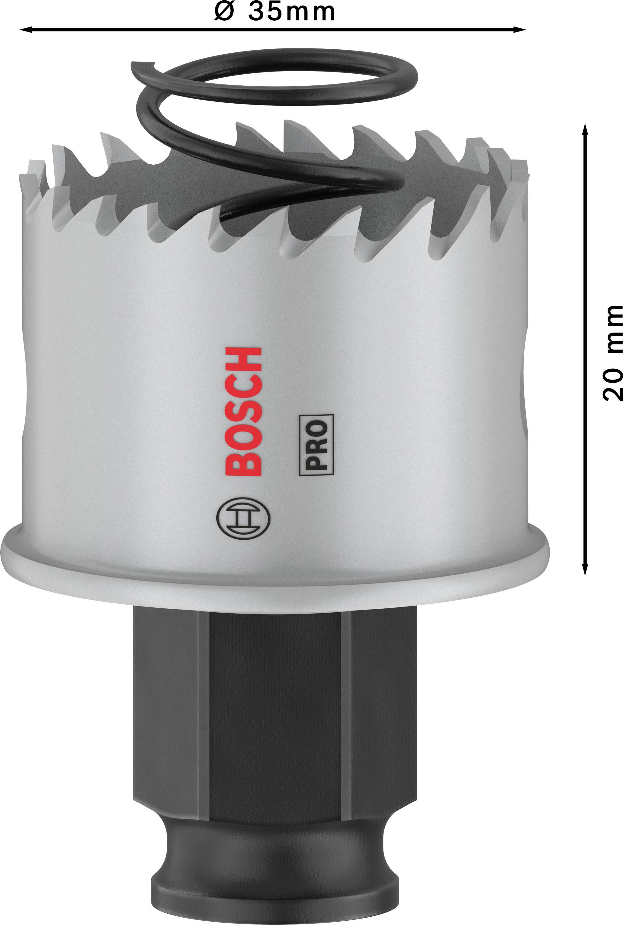 Dierová píla s priemerom 35 mm a hľbkou 20 mm. Strieborný kov s čiernymi detailmi. Viditeľné logo značky 'Bosch Pro'.