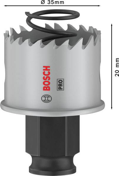 Kovová dierovacia píla 'Bosch' s priemerom Ø 35 mm, vhodná na oceľ, hliník a drevo, hĺbka rezu 20 mm, s ozubeným vencom a skrutkovitou pružinou.