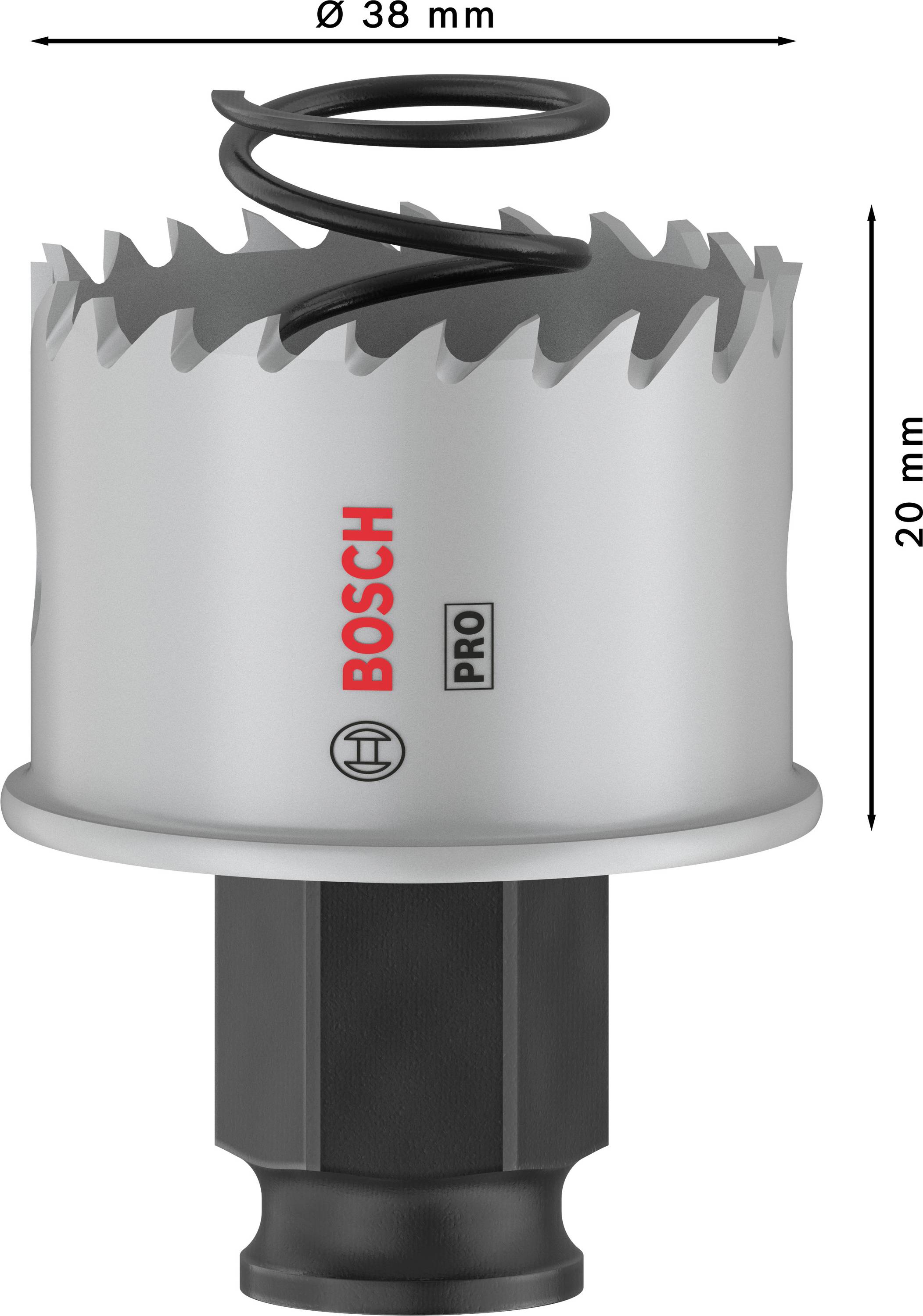 Korunka na rezanie kovov od Bosch, priemer 38 mm, výška 20 mm, s čiernou špirálovou pružinou pre nízko- až vysokolegované ocele.