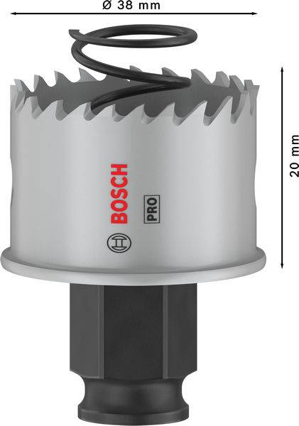 Sivý list do dierkovej píly s červeným nápisom 'Bosch' a 'Pro', priemer 38 mm, výška 20 mm. Hore špicaté zuby, dole čierny driek.