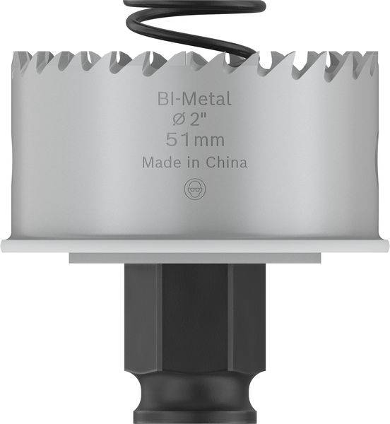 Kovová pílová koruna s nápisom 'BI-Metal Ø 2" 51mm Vyrobené v Číne'. Vhodná pre vŕtacie nástroje na opracovanie materiálov.