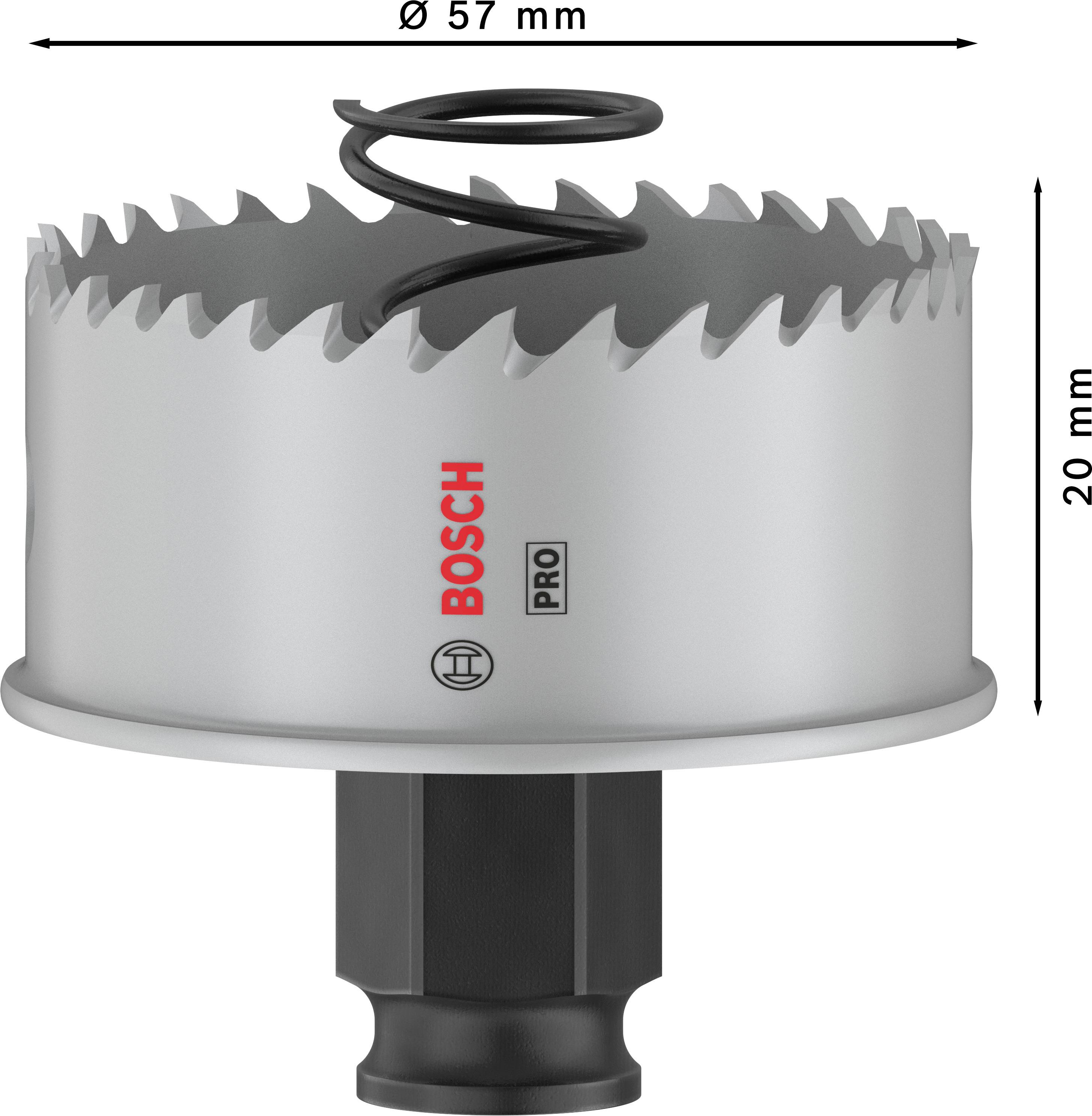 Kovová korunková píla 'Ø 57 mm, výška 20 mm', značka Bosch, s ostrými zubami a pružinou, pre rôzne vŕtacie aplikácie.