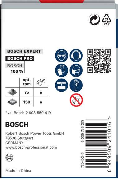 Obalový štítok Bosch, zobrazuje ochranné symboly ako rukavice a okuliare. Obsahuje QR kód, kontaktné informácie a výrobný odkaz.