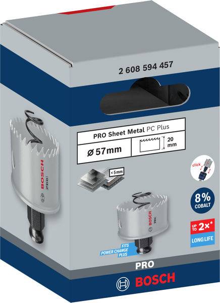 Balenie Bosch dierovej píly na plech s priemerom 57 mm a hĺbkou 20 mm. Obsahuje 8 % kobaltu, vhodné pre plech do hrúbky 5 mm.