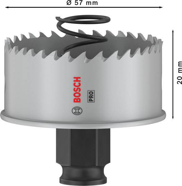 Kotúčová píla značky Bosch s priemerom 57 mm a hĺbkou 20 mm. Na vrchu sa nachádza skrutkovitá pružina pre vrták.