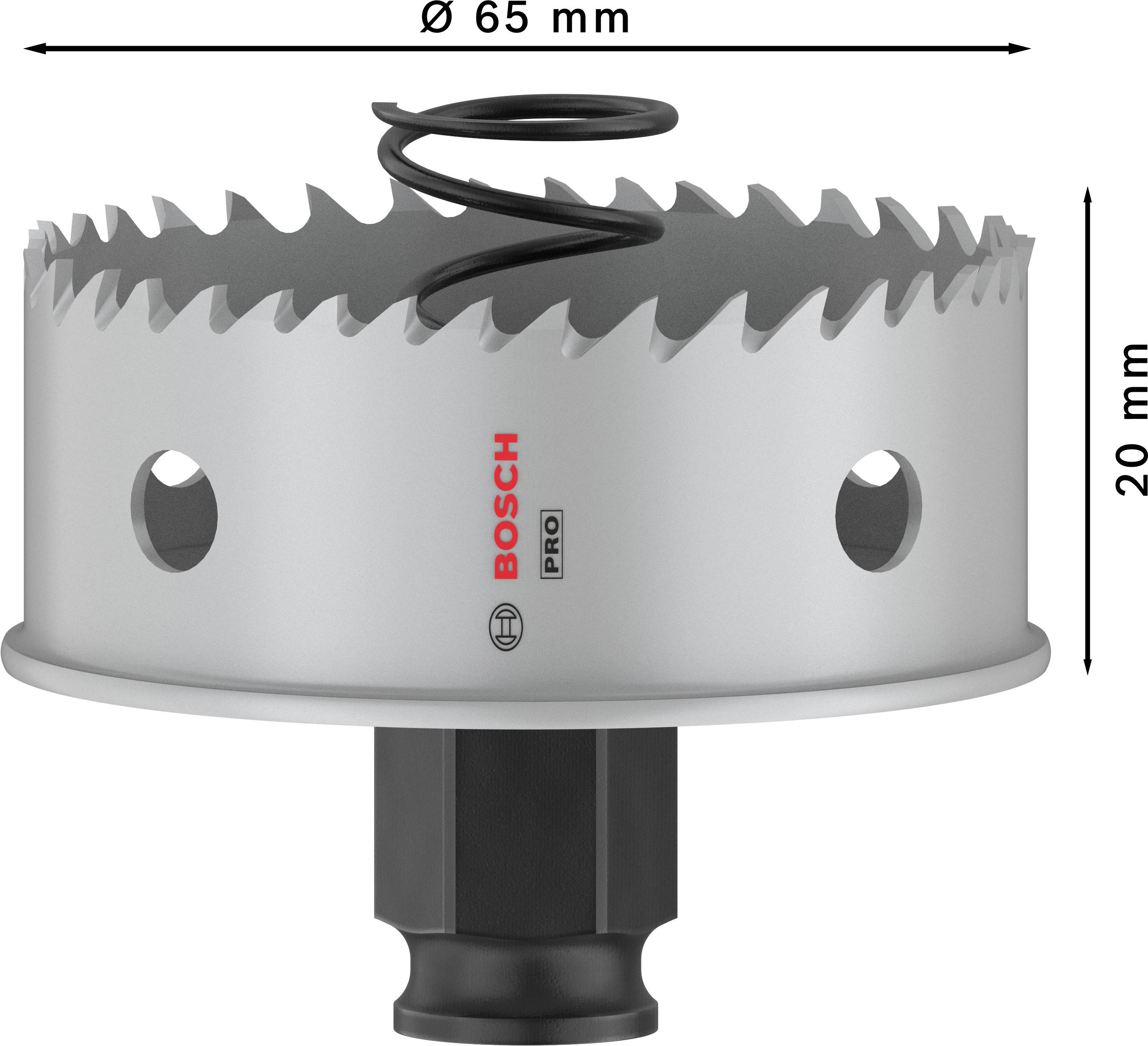 Kovová dierová píla Bosch Pro s priemerom 65 mm a výškou 20 mm, zobrazená so špirálovou pružinou.