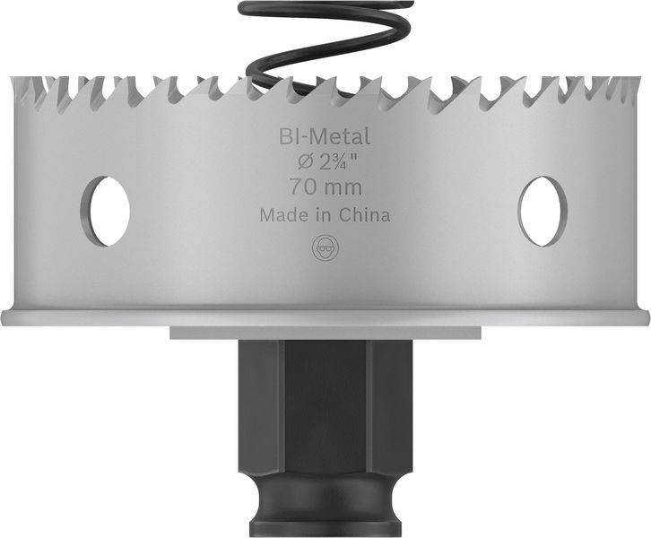 Kovová dierovacia píla so zubaným okrajom, nápis 'BI-Metal', priemer 70 mm, vyrobená v Číne.