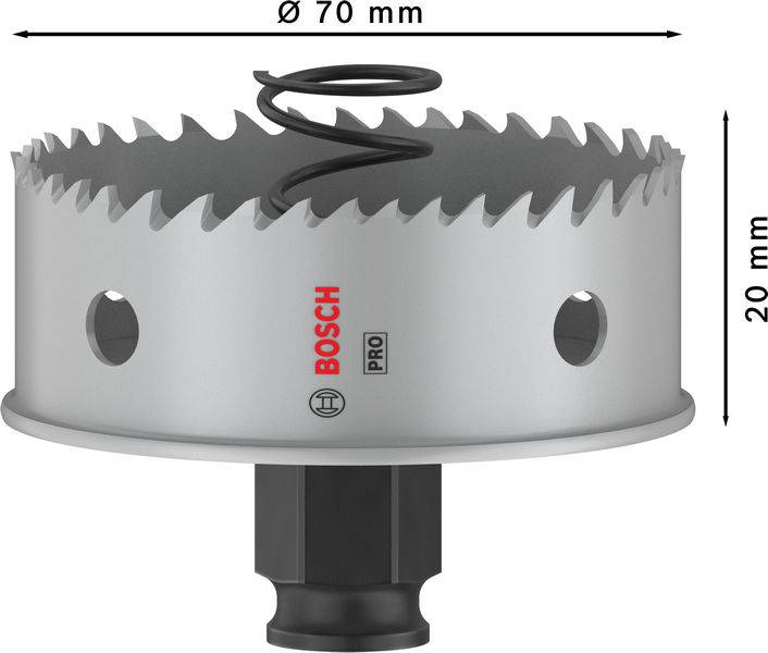 Dierová píla od Boscha, priemer 70 mm, výška 20 mm, s označením 'Bosch Pro'. Používa sa na presné vŕtanie do kovu alebo dreva.