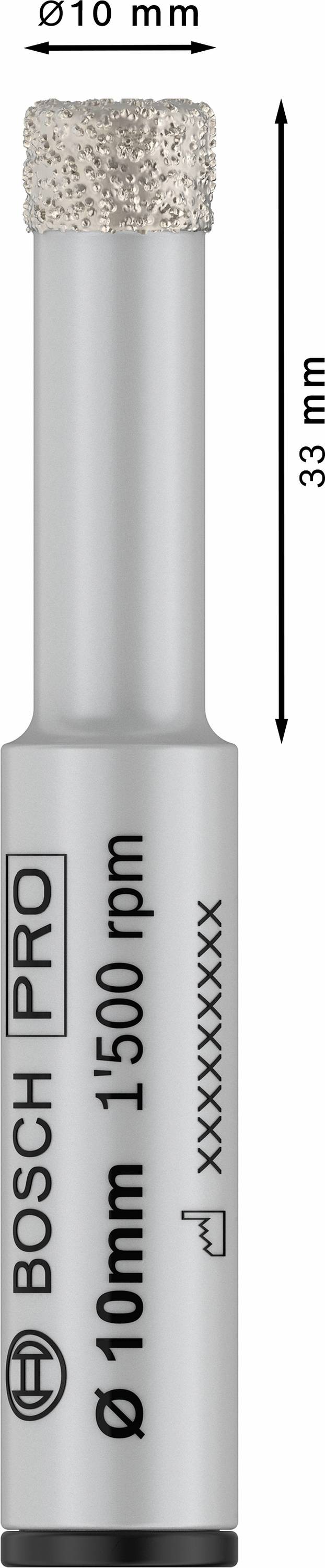 Vrták s priemerom 10 mm a dĺžkou 33 mm, vhodný pre 1500 ot/min. Označenie 'BOSCH PRO' a ďalšie technické údaje.