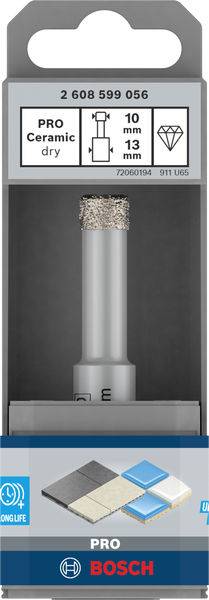 Vrták na keramické dlaždice, priemer 10 mm, dĺžka 13 mm, pre suché použitie. Značka 'Bosch PRO'.