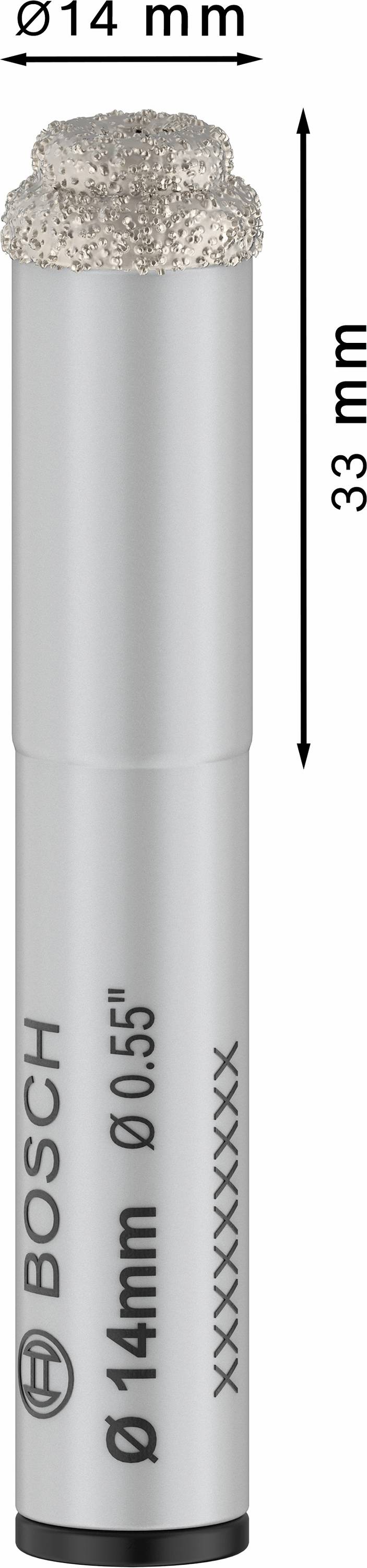 Diamantový vrták od Bosch, strieborný, s dĺžkou 33 mm a priemerom 14 mm, vhodný na presné vŕtanie.
