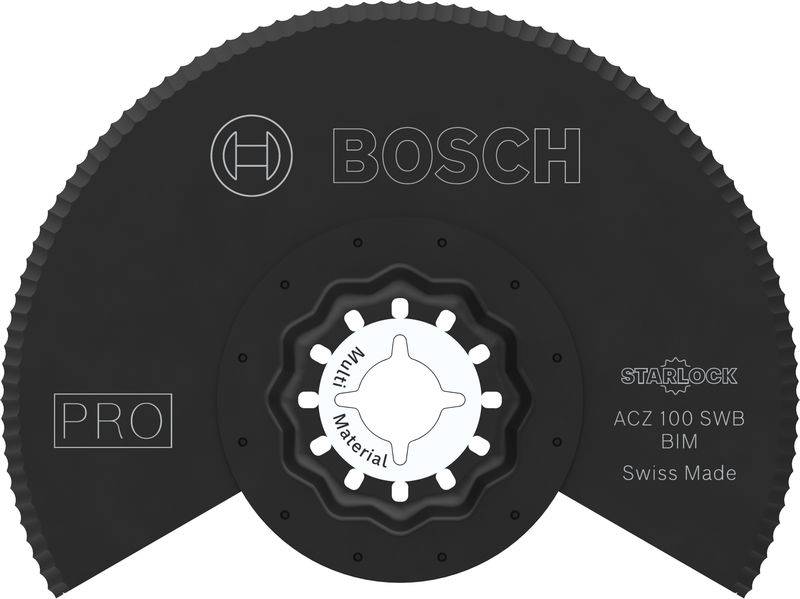 Okrúhly, čierny pílový list Bosch pre multifunkčné nástroje, model ACZ 100 SWB Starlock, s nápisom 'Swiss Made'.
