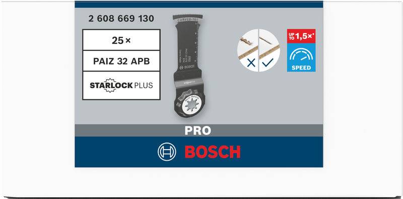 Balenie Bosch PRO Starlock Plus PAIZ 32 APB pílového listu. Zobrazuje obojstranný pílový list, vhodný na rezanie dreva a kovu.