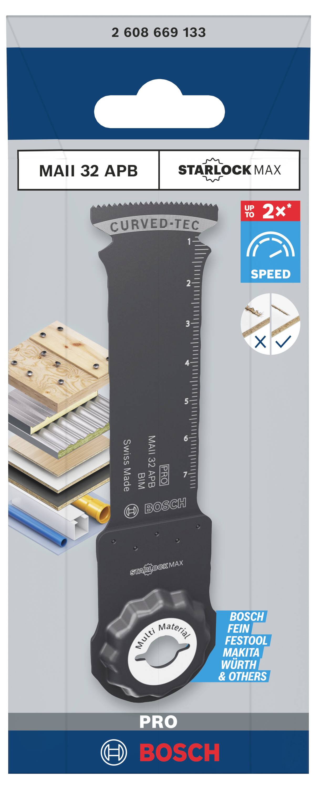 Obal pílového listu Bosch Starlockmax MAII 32 APB pre multifunkčné nástroje, zobrazujúci kompatibilitu s rôznymi materiálmi.