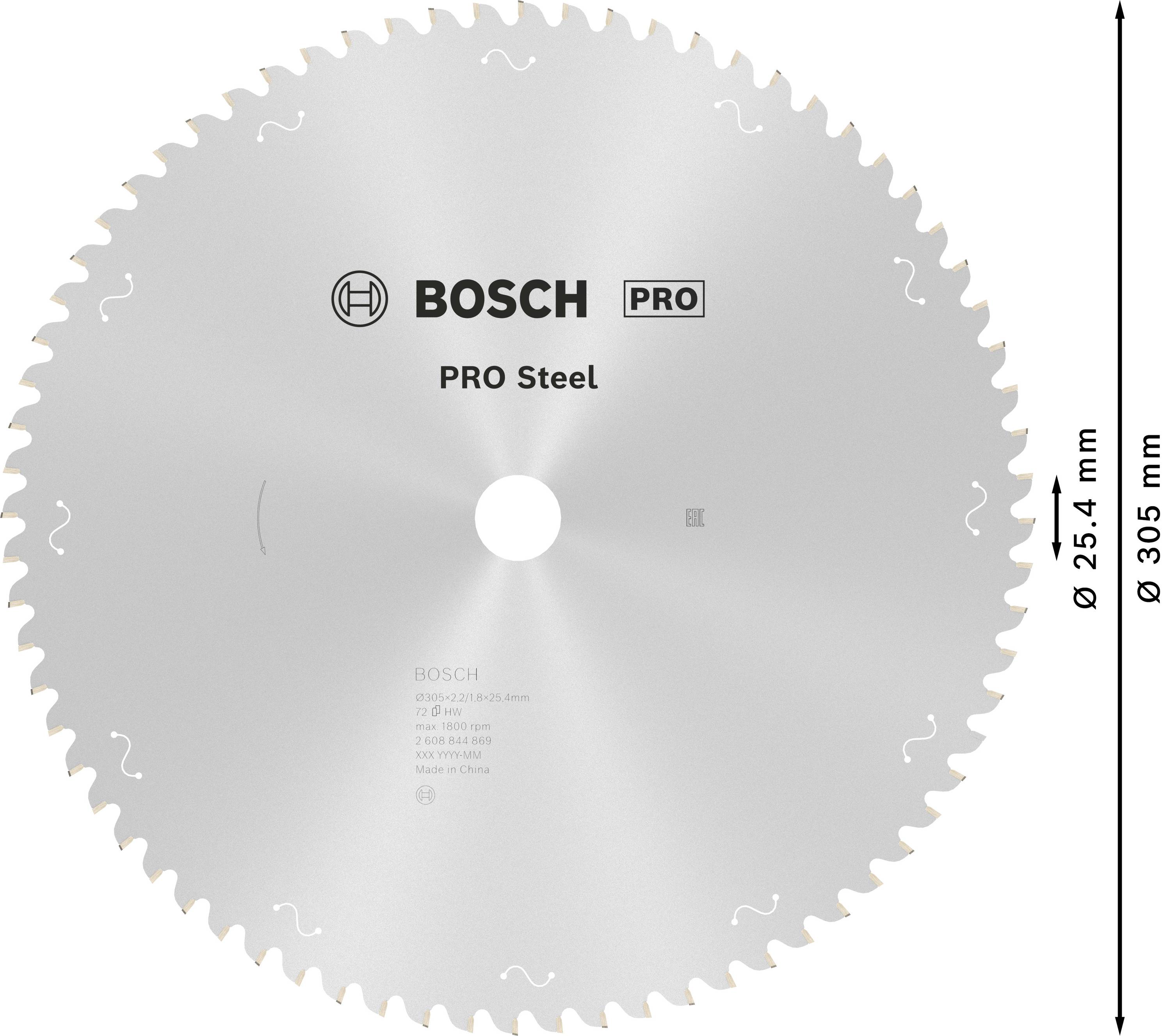 Pílový kotúč 'Bosch PRO Steel' s priemerom 305 mm a otvorom 25,4 mm, vhodný na obrábanie ocele.