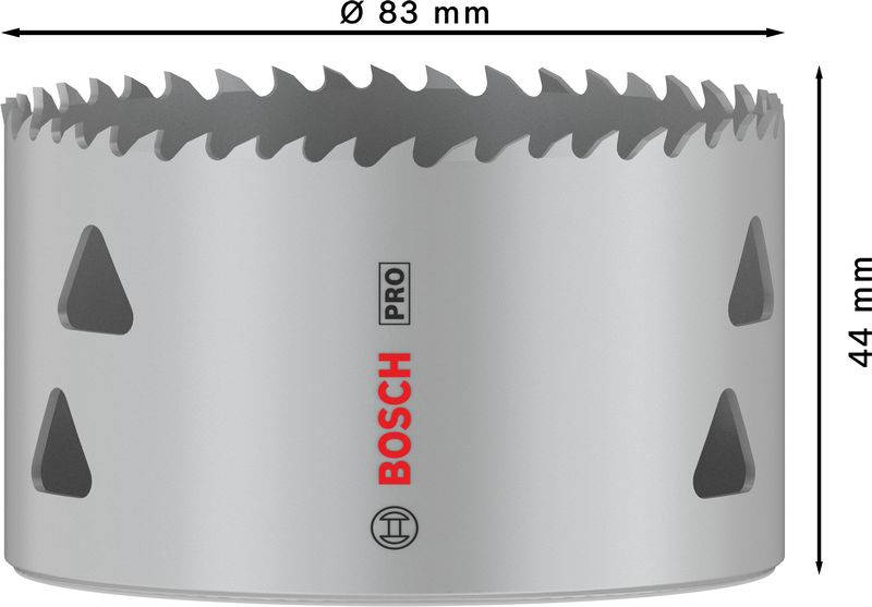 Dierová píla s priemerom 83 mm a výškou 44 mm, značka Bosch Pro, so zúbkatým okrajom pre presné vŕtanie.
