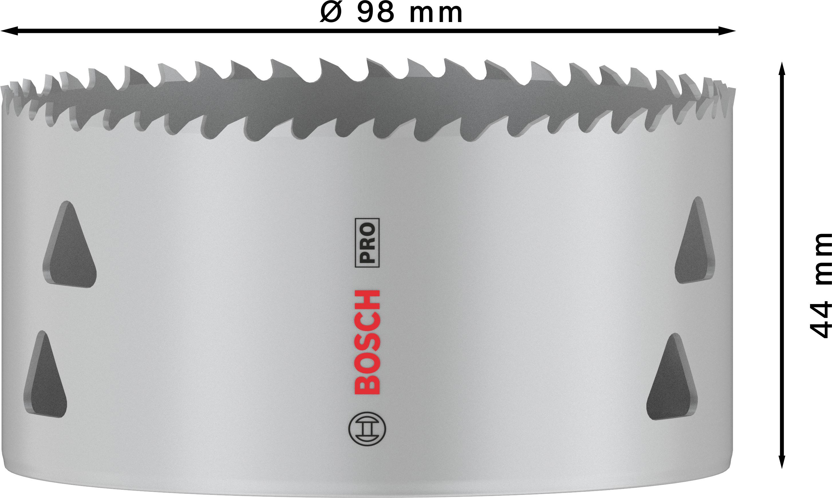 Pílová korunka Bosch Pro, priemer 98 mm a výška 44 mm, s ostrými zubami, vhodná na presné vŕtanie do tvrdých materiálov.
